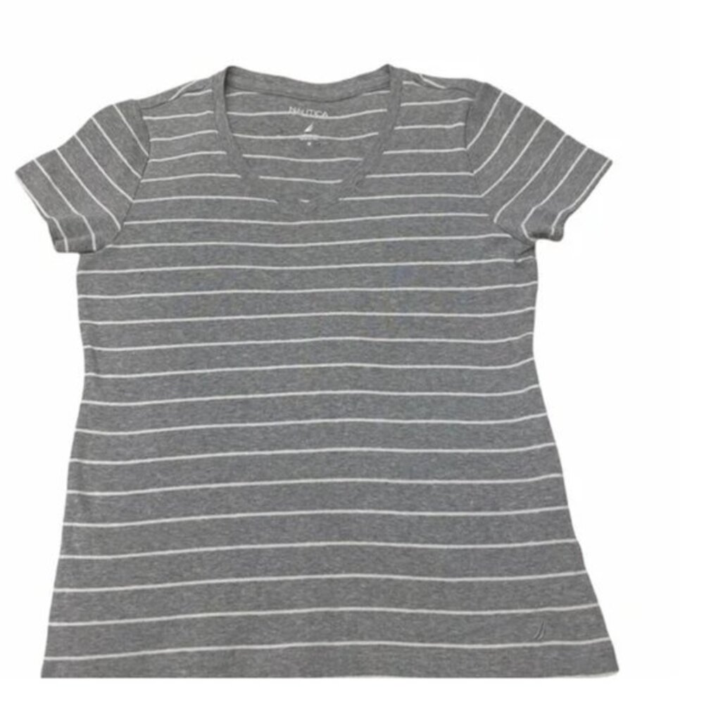 NWOT Nautica Women’s Striped Cotton V- Neck Short Sleeve Top in Gray&White. M
